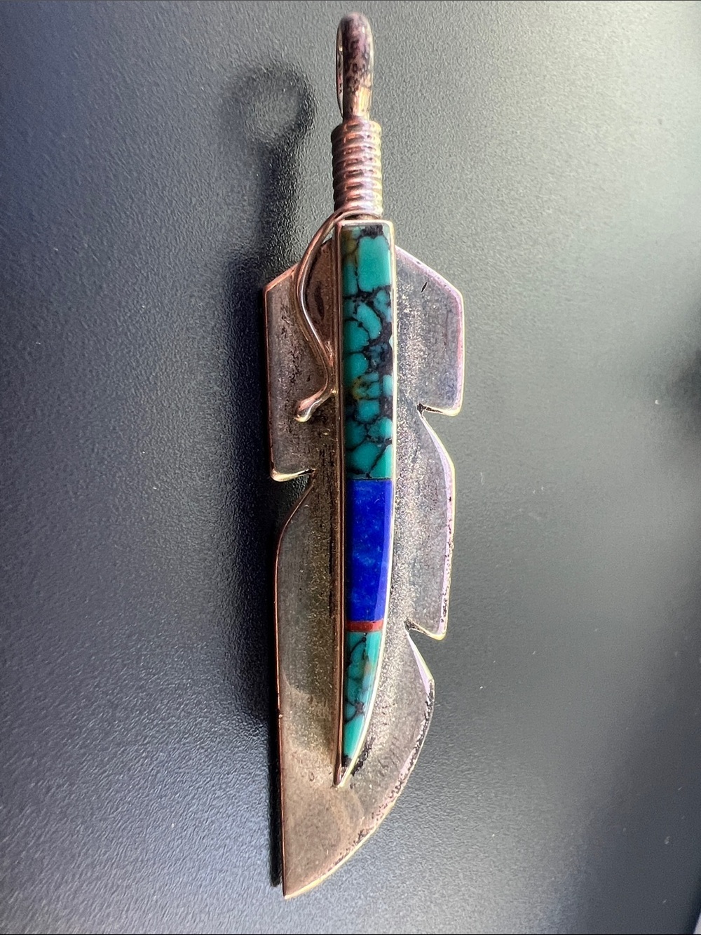 Silver Feather Inlay Pendant with Turquoise and Lapis